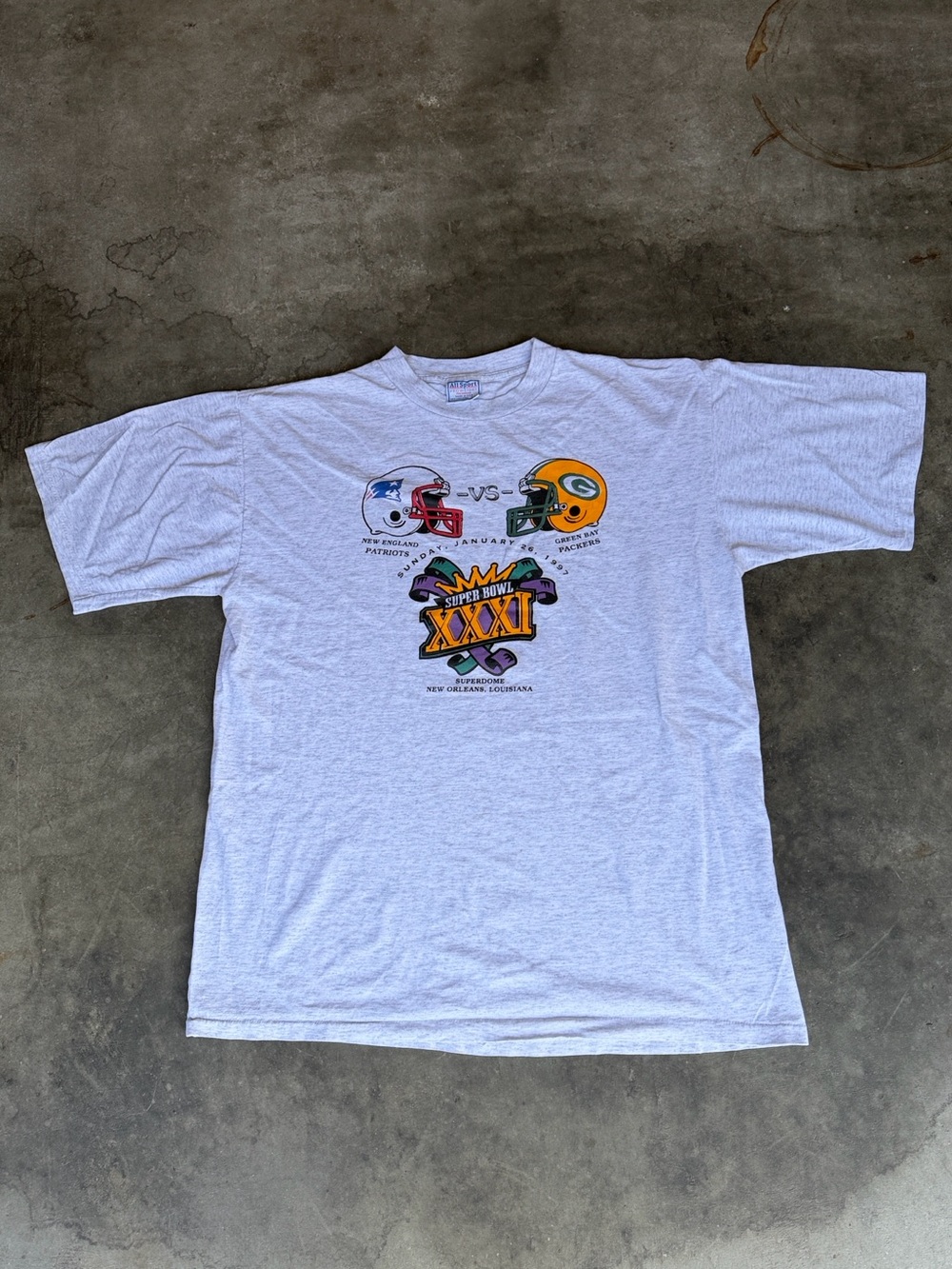 VTG RARE Super Bowl XXXI 1997 Tee Patriots Packers All Sport Proweight Men’s XL